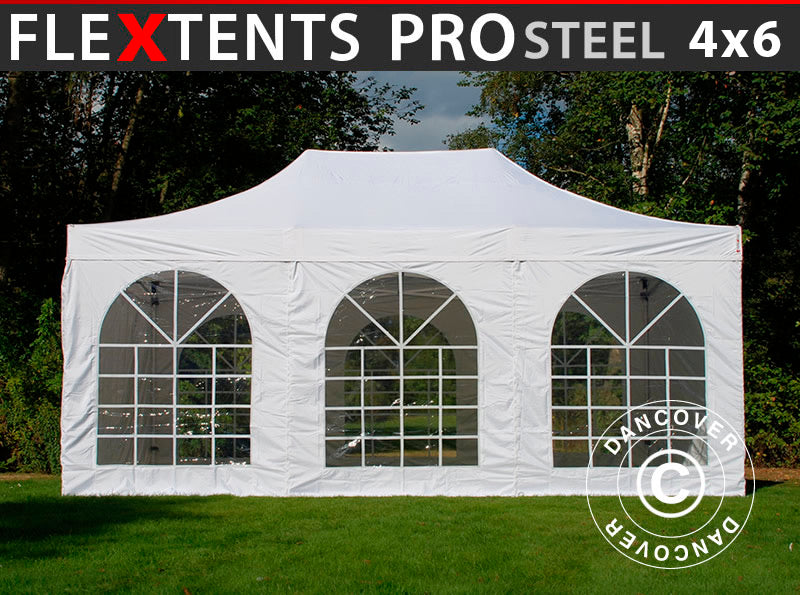 Saliekamā nojume FleXtents PRO Steel Vintage Style 4x6m Balts, ar 8 sānu sienām