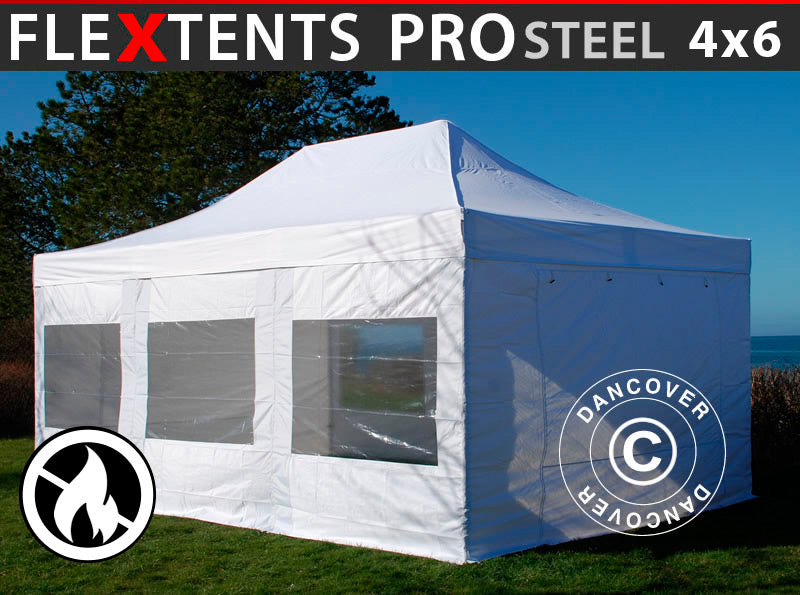 Saliekamā nojume FleXtents PRO Steel 4x6m Balts, Liesmu slāpējošs, ar 8 sānu sienām