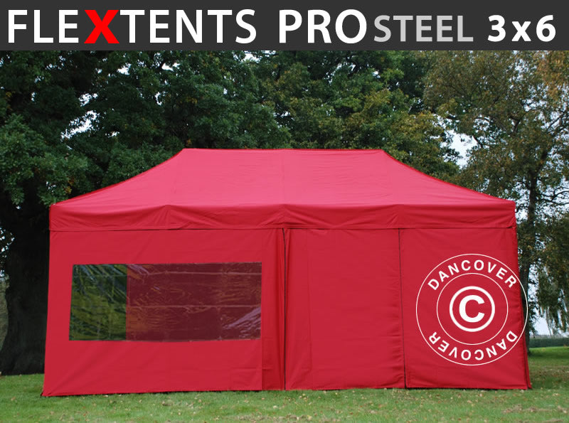 Vouwtent FleXtents PRO Steel 3x6m Rood, inkl. 6 Zijwanden