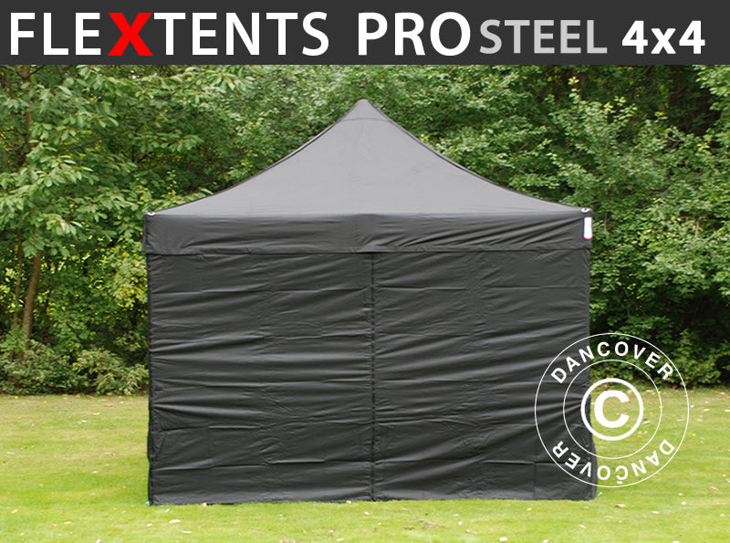 Saliekamā nojume FleXtents PRO Steel 4x4m Melns, ar 4 sānu sienām
