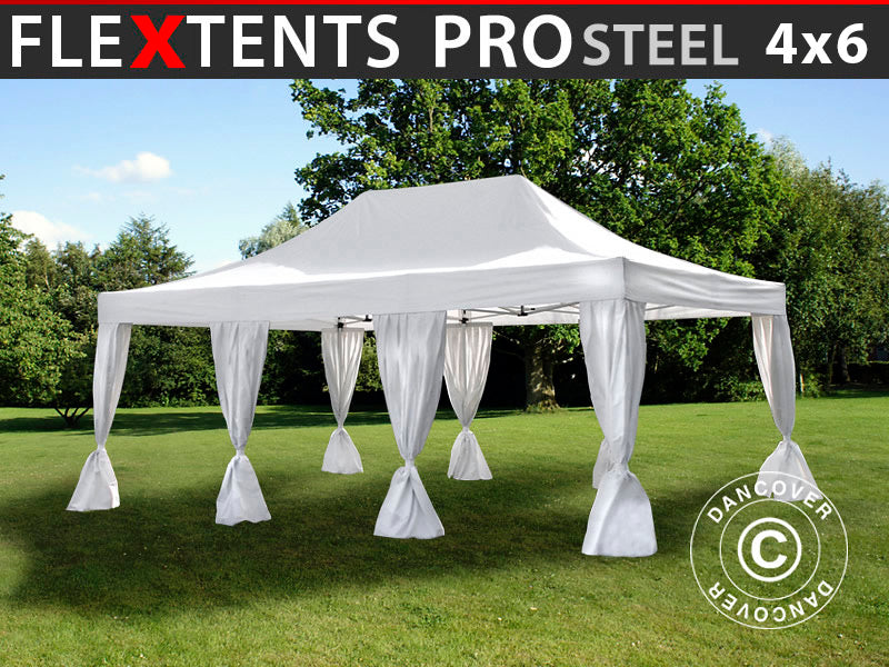 Pop up gazebo FleXtents PRO Steel 4x6 m White, incl. 8 decorative curtains
