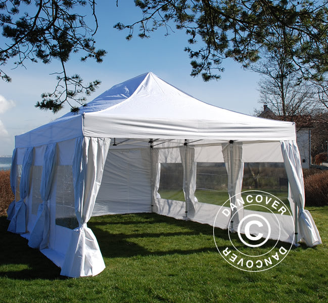 Faltzelt FleXtents PRO Steel 4x6m Weiß, mit 8 Seitenwänden & Gardinen
