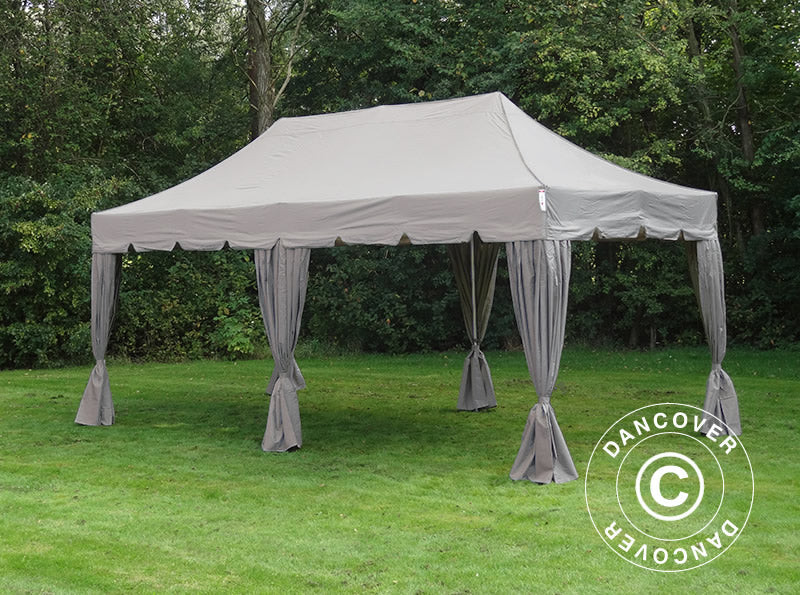 Pop up gazebo FleXtents PRO Steel "Peaked" 4x8 m Latte, incl. 6 sidewalls and 6 decorative curtains