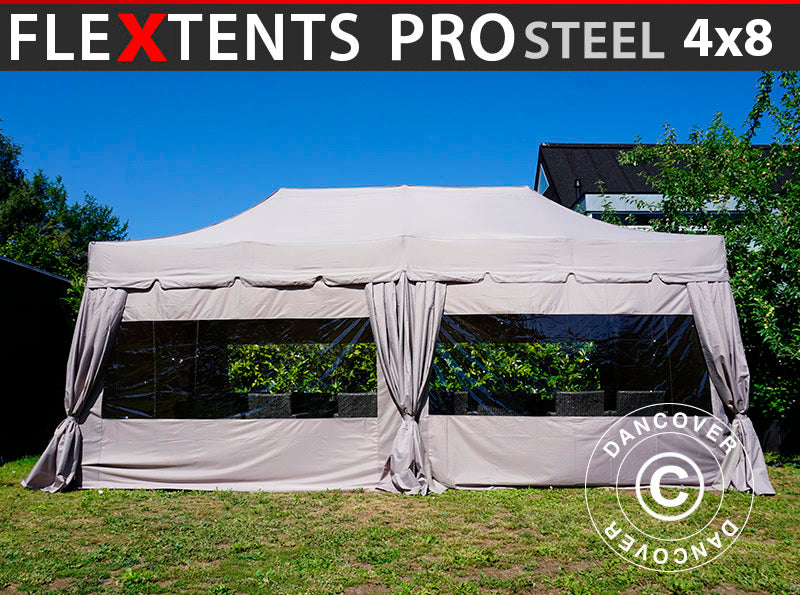 Pop up aiamaja FleXtents PRO Steel "Peaked" 4x8m Latte, sis. 6 külgseina ja 6 dekoratiivset kardinat