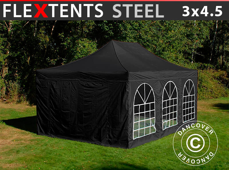 zelt 3x4 5 Faltzelt FleXtents Steel 3x4,5m Schwarz, mit 4 Seitenwänden
