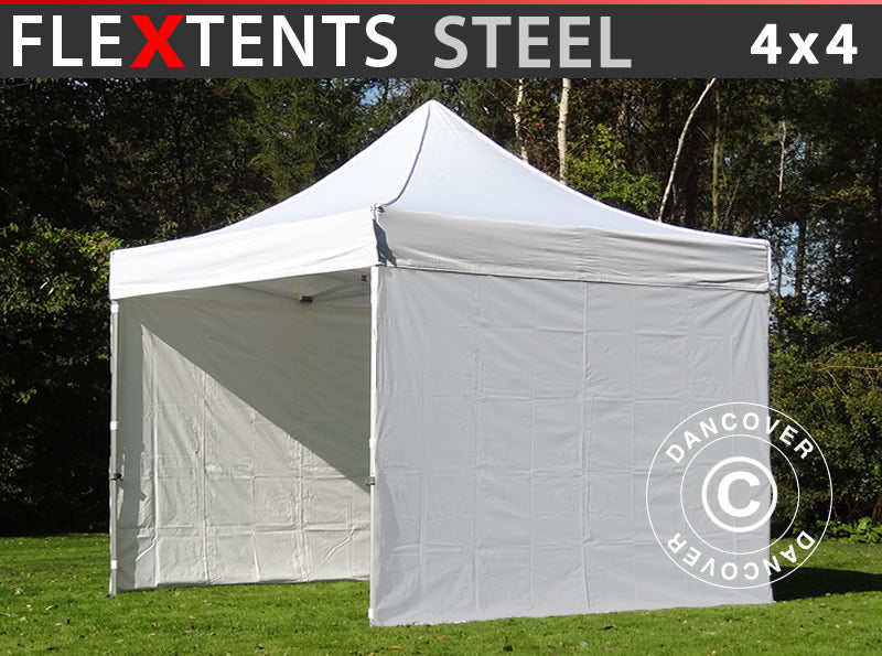 Gazebo pieghevole FleXtents Steel 4x4m Bianco, inclusi 4 fianchi