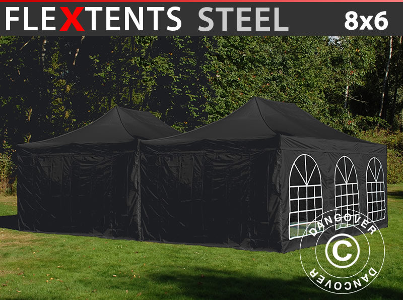Faltzelt FleXtents Steel 8x6m Schwarz, inkl. 8 Seitenwände
