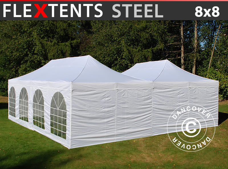 Tenda dobrável da FleXtents Steel 8x8m Branca, incl. 8 paredes laterais