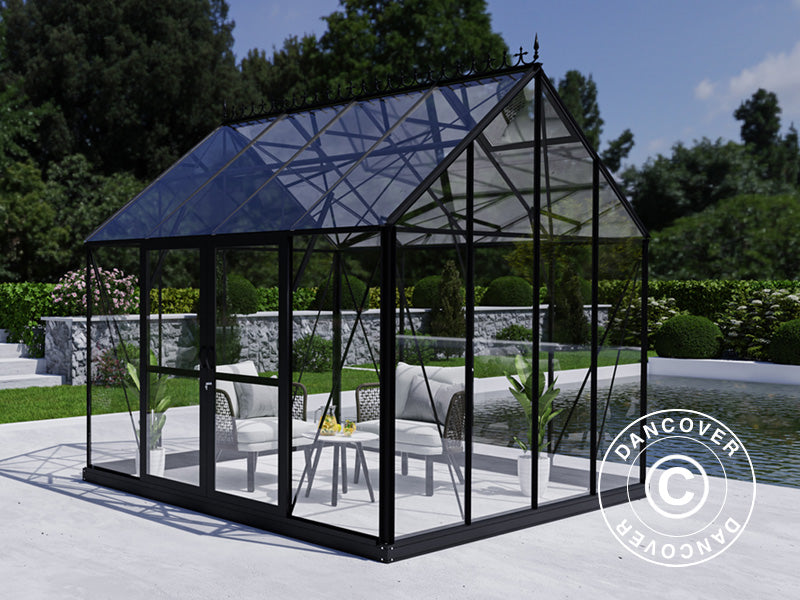 Orangerie, gewächshaus aus Glas 8,9m², 3,01x2,99x2,95m mit Sockel und Krone, Schwarz