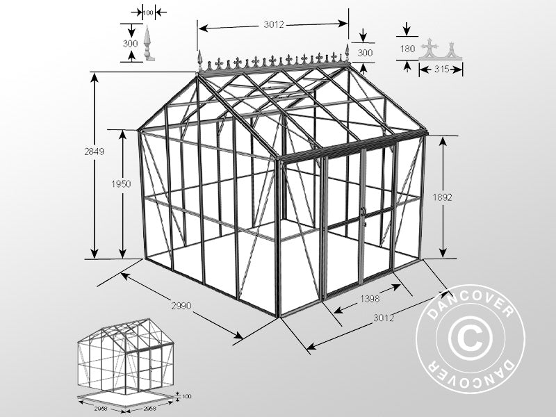 Orangery, greenhouse glass 8.9 m², 3.01x2.99x2.95 m w/base and cresting, Black