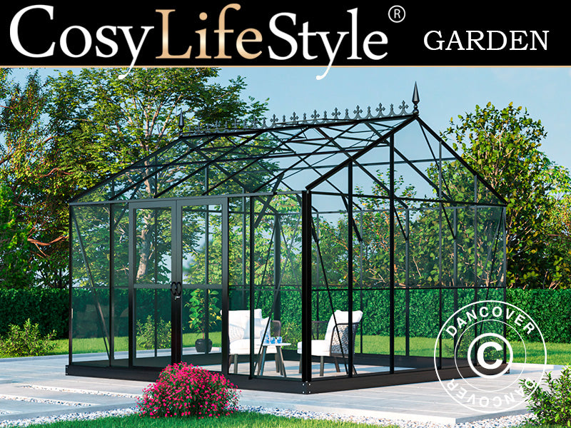 Orangery, greenhouse Glass 13.8 m², 3.73x3.71x3.16 m w/base and cresting, Black