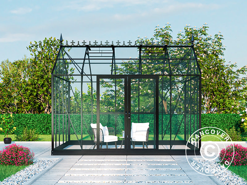 Orangery, greenhouse Glass 13.8 m², 3.73x3.71x3.16 m w/base and cresting, Black