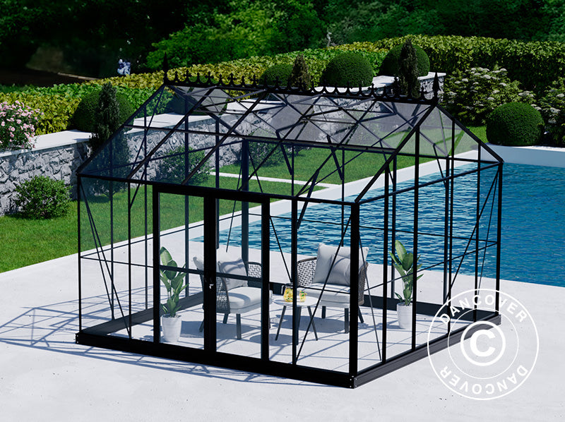 Orangery, greenhouse Glass 13.8 m², 3.73x3.71x3.16 m w/base and cresting, Black