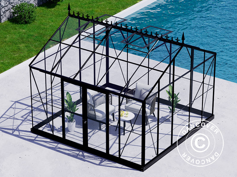 Orangery, greenhouse Glass 13.8 m², 3.73x3.71x3.16 m w/base and cresting, Black