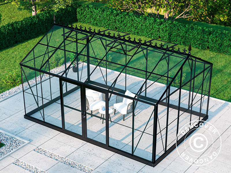 Orangerie, gewächshaus aus Glas 16,5m², 4,45x3,71x3,16m mit Sockel und Dach, Schwarz