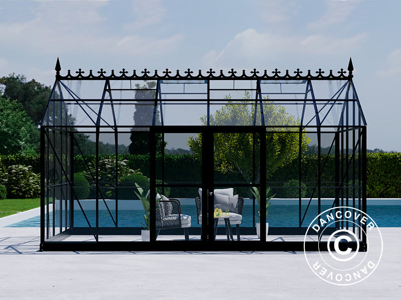 Orangery, greenhouse Glass 16.5 m², 4.45x3.71x3.16 m w/base and cresting, Black