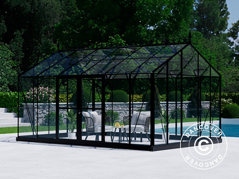 Orangery, greenhouse Glass 16.5 m², 4.45x3.71x3.16 m w/base and cresting, Black