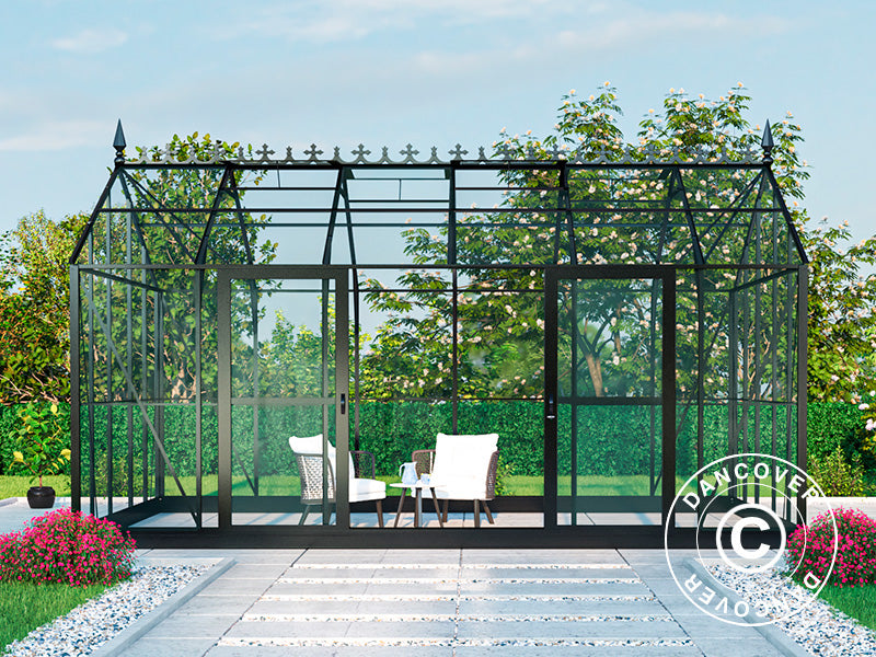 Orangery, greenhouse Glass 16.5 m², 4.45x3.71x3.16 m w/base and cresting, Black