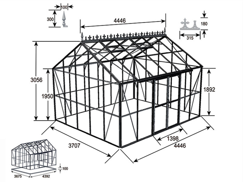 Orangerie, gewächshaus aus Glas 16,5m², 4,45x3,71x3,16m mit Sockel und Dach, Schwarz
