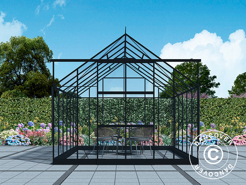 Gewächshaus aus Glas 3x3,68x2,6m mit Sockel und Krone, 11,04m², Schwarz