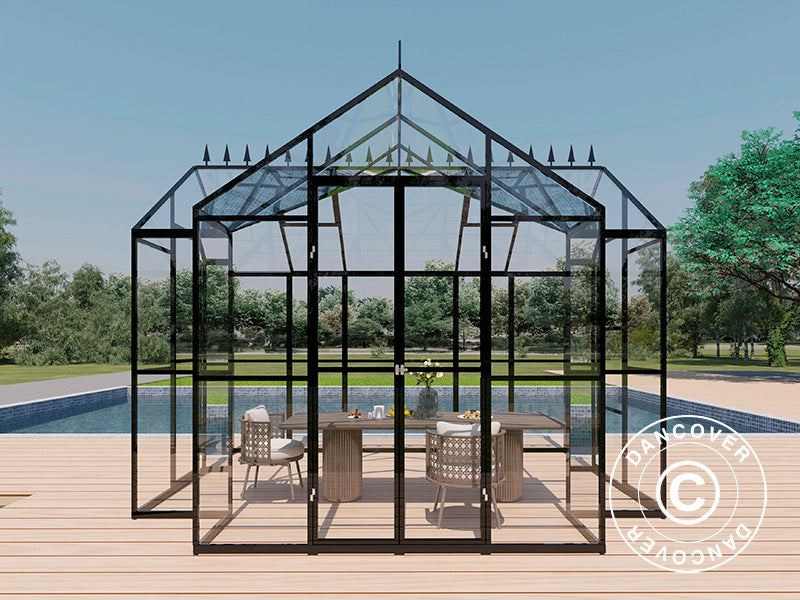 Orangerie aus Glas 10,37m², 3,7x3,04x2,8m mit Sockel und Aufsatz, Schwarz