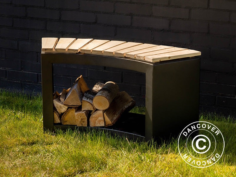 Halbrunde Bank mit Holzlager, 37,8x90,2x48cm, Schwarz/Holz