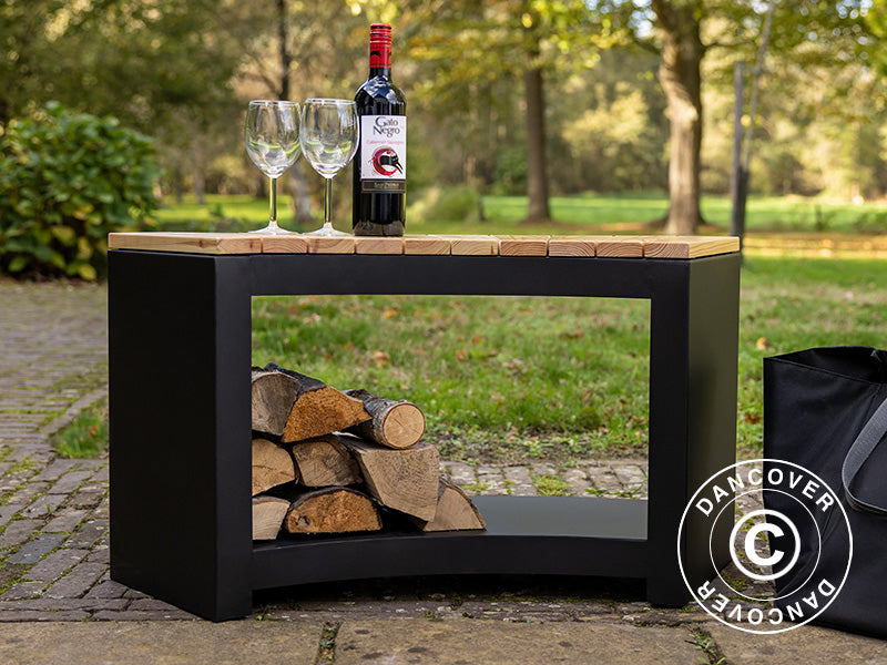 Halbrunde Bank mit Holzlager, 37,8x90,2x48cm, Schwarz/Holz