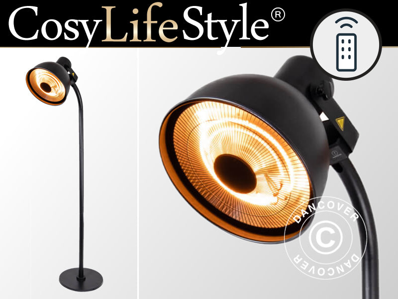 Terrasverwarmer SENSUI op statief met afstandsbediening, 2 halogeenlampen, 2000W, Zwart