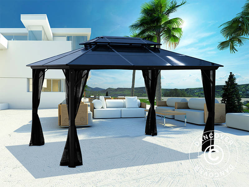 Gazebo Santa Ana Alu+ w/curtains and mosquito net, 3x4 m, Black