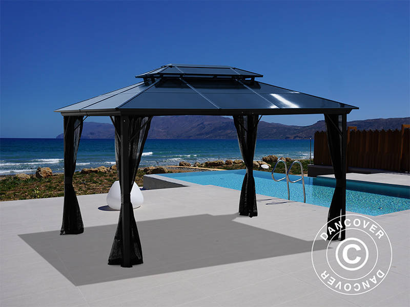 Tonnelle Santa Ana Alu+ avec rideaux et moustiquaire, 3x4m, Noir