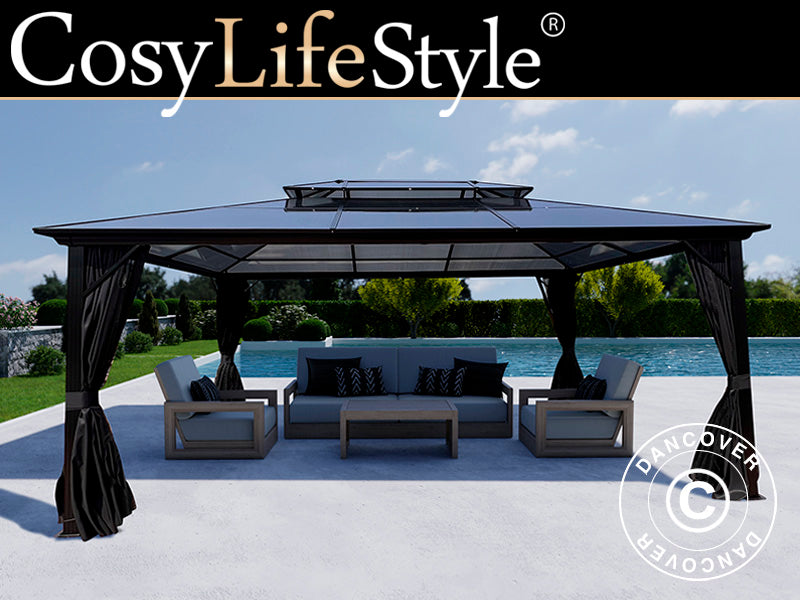 Gazebo Santa Ana Alu+ w/curtains and mosquito net, 3.65x4.85 m, Black