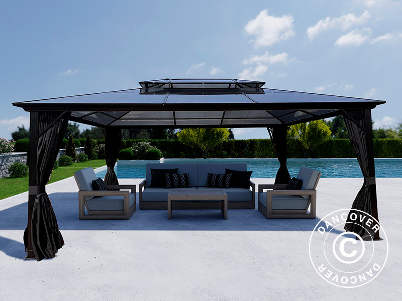 Tuinpaviljoen Santa Ana Alu+ met gordijnen en klamboe, 3,65x4,85m, Zwart