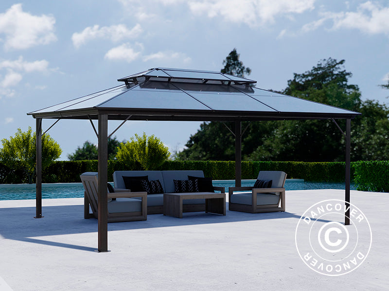 Gazebo Santa Ana Alu+ w/curtains and mosquito net, 3.65x4.85 m, Black