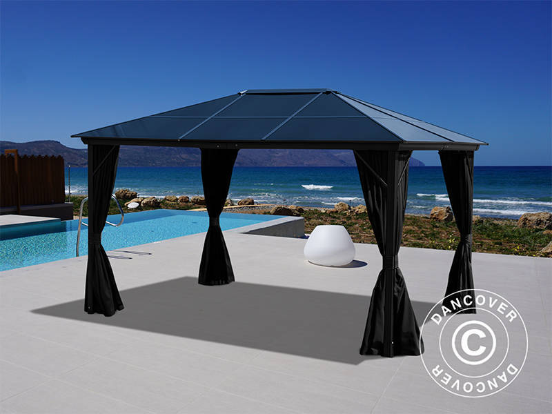 Gazebo Santa Barbara Alu+ w/curtains and mosquito net, 3x4 m, Black