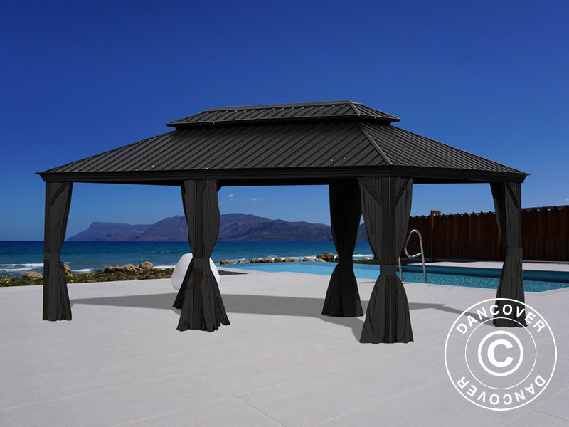 Gazebo Santa Fe Alu+ w/curtains and mosquito net, 3.65x6 m, Black