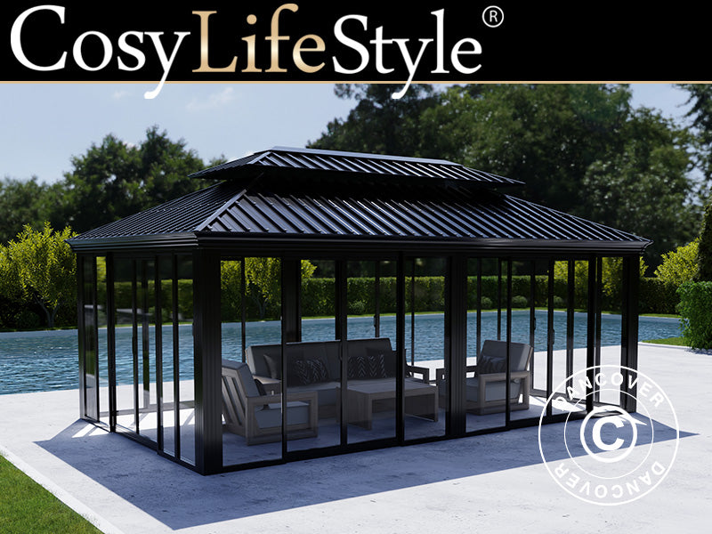 Gazebo Santa Fe Alu+ com paredes laterais e portas de correr, 3,65x6m, Preto