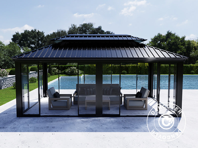 Gazebo Santa Fe Alu+ com paredes laterais e portas de correr, 3,65x6m, Preto