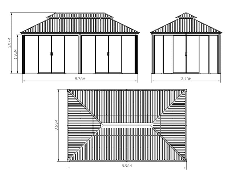 Cenador Santa Fe con paredes laterales y puertas correderas, 3,65x6m, Negro