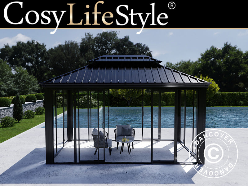 Gazebo Santa Fe Alu+ w/sidewalls and sliding doors, 3x4.25 m, Black