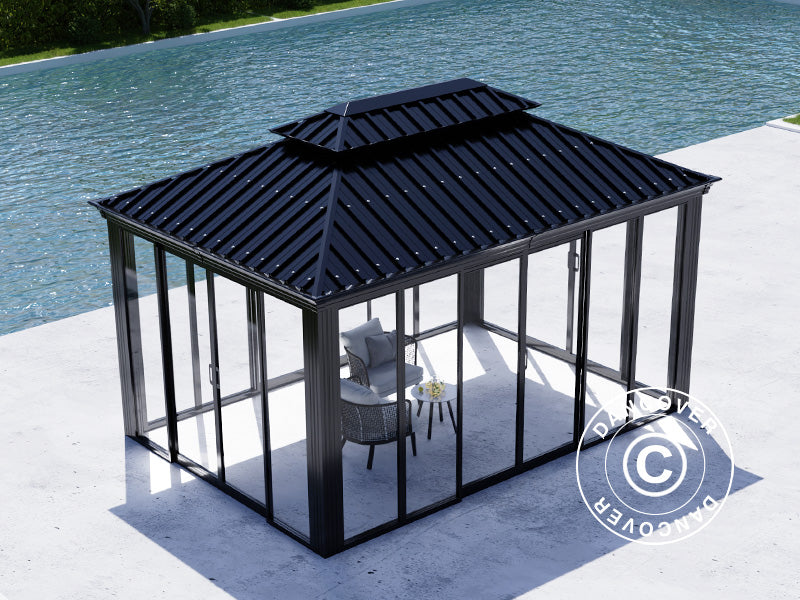 Pavillon Santa Fe Alu+ mit Seitenwänden und Schiebetüren, 3x4,25m, Schwarz