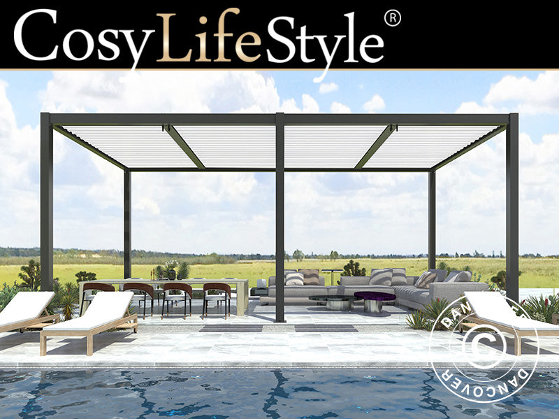 Pergola bioclimatique San Pablo Alu+, 4x5,8m, Noir/Blanc