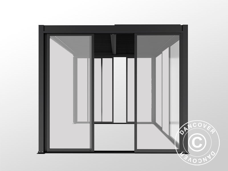 Gazebo pergola bioclimatico San Pablo Alu+ con porte scorrevoli, 3x4m, Nero