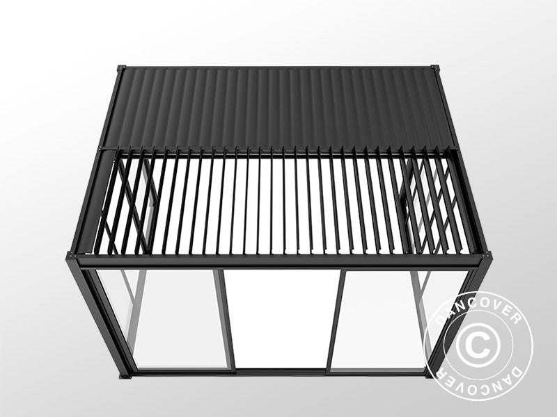 Gazebo pergola bioclimatico San Pablo Alu+ con porte scorrevoli, 3x4m, Nero
