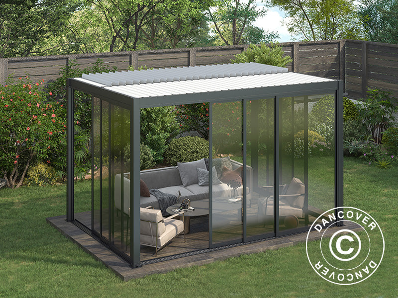 Gazebo pergola bioclimatico San Pablo Alu+ con porte scorrevoli, 3x4m, Nero/Bianco