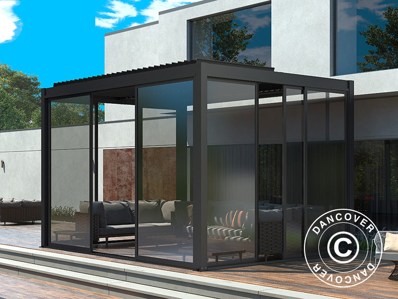 Cenador pérgola bioclimática San Pablo Alu+ con puertas correderas, 4x4m, Negro