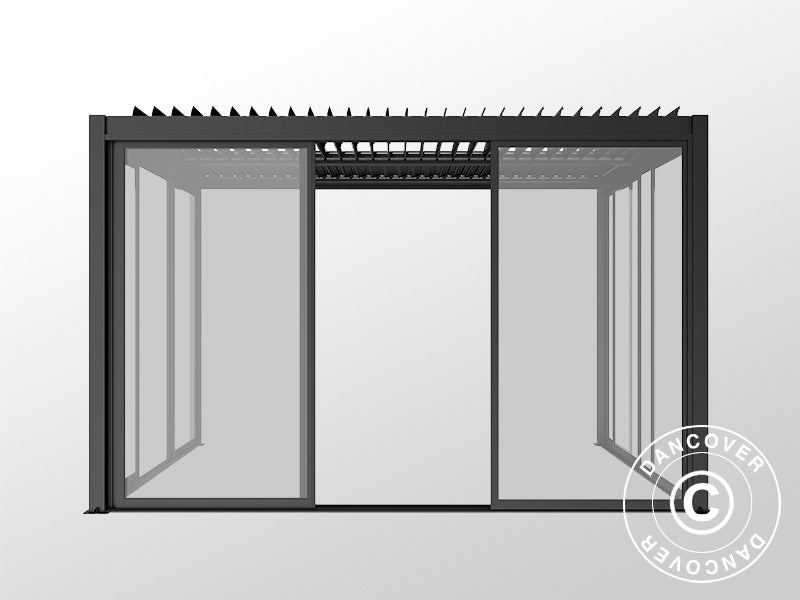 Cenador pérgola bioclimática San Pablo Alu+ con puertas correderas, 4x4m, Negro
