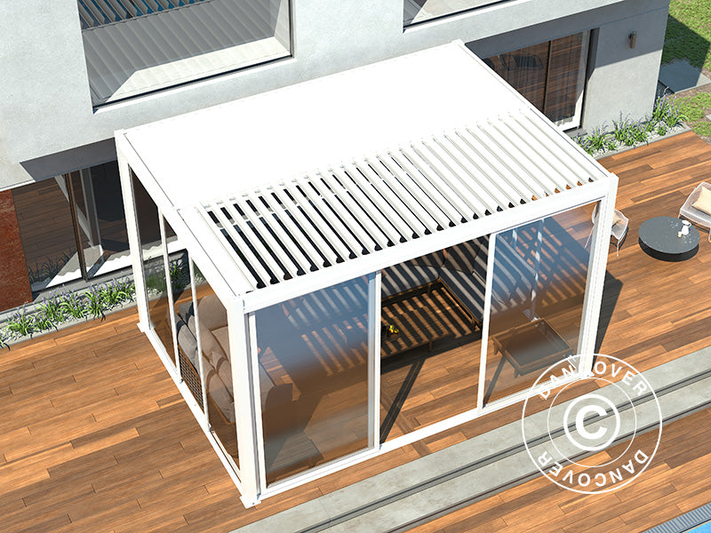 Bioklimatischer Pergola-Pavillon San Pablo Alu+ mit Schiebetüren, 4x4m, Weiß