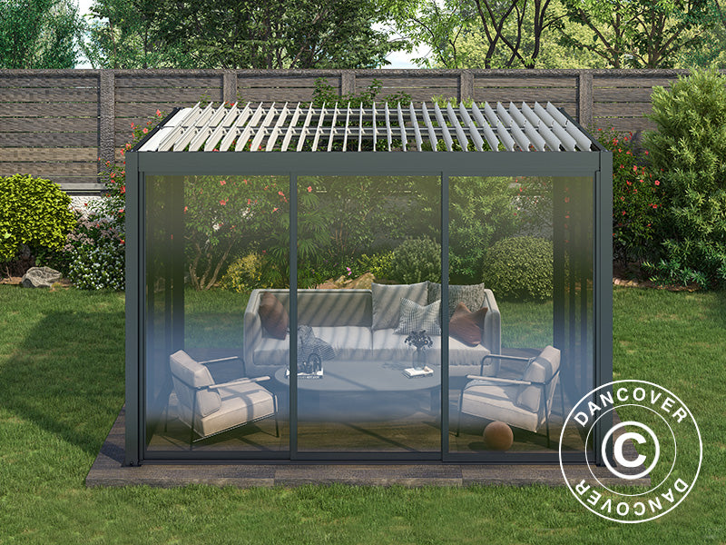 Cenador pérgola bioclimática San Pablo Alu+ con puertas correderas, 4x4m, Blanco/Negro