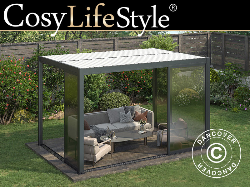 Bioclimatic pergola gazebo San Pablo Alu+ w/sliding doors, 4x4 m, Black/White
