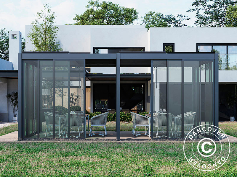 Gazebo pergola bioclimatico San Pablo Alu+ con porte scorrevoli, 3x5,8m, Nero